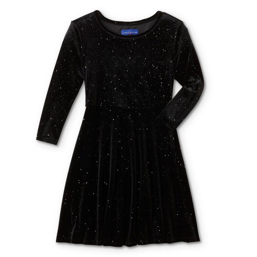 NEW Simply Styled Girls Velour Knit Skater‎ Dress Black Silver Sparkles Holiday